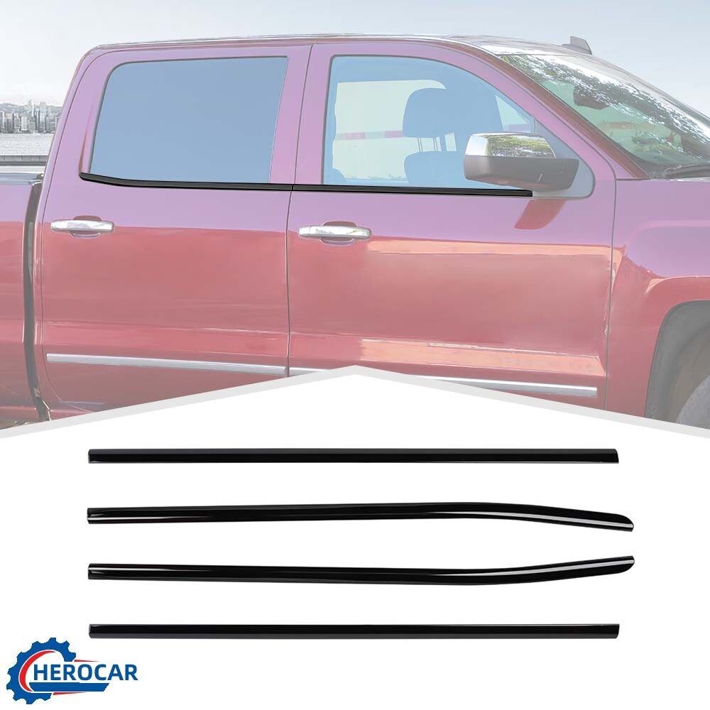 4Pc Chrome /Black Window Bottom Sill Trim For Chevy Silverado GMC Sierra 2014-18