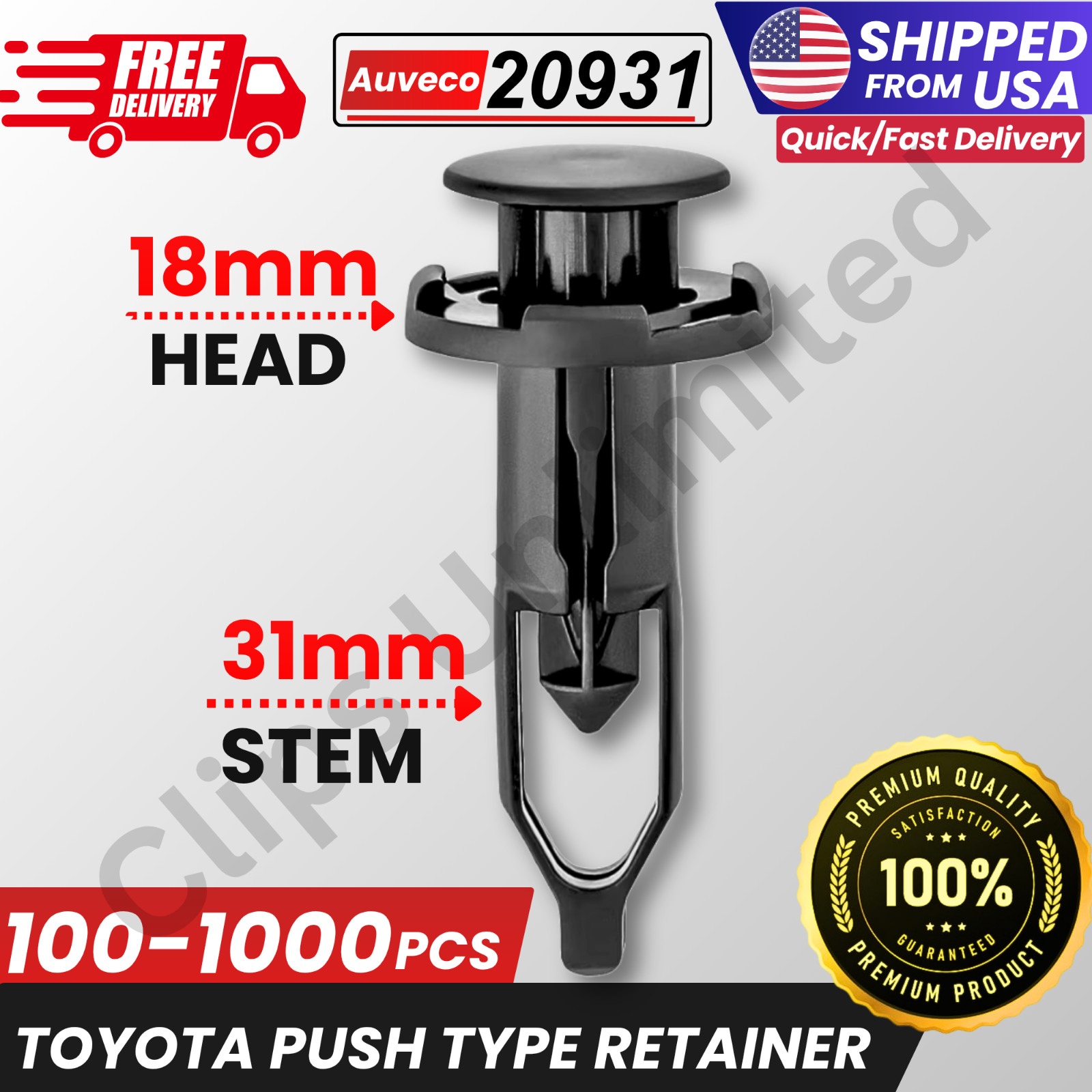 A 20931 Push Type Retainer 20mm Head 15mm Stem Fits 8mm Hole Toyota 52161-20010