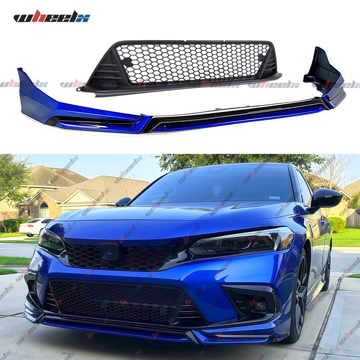 FOR 22-24 HONDA CIVIC AEGEAN BLUE FRONT BUMPER LIP + MATTE BLK PERFORMANCE GRILL
