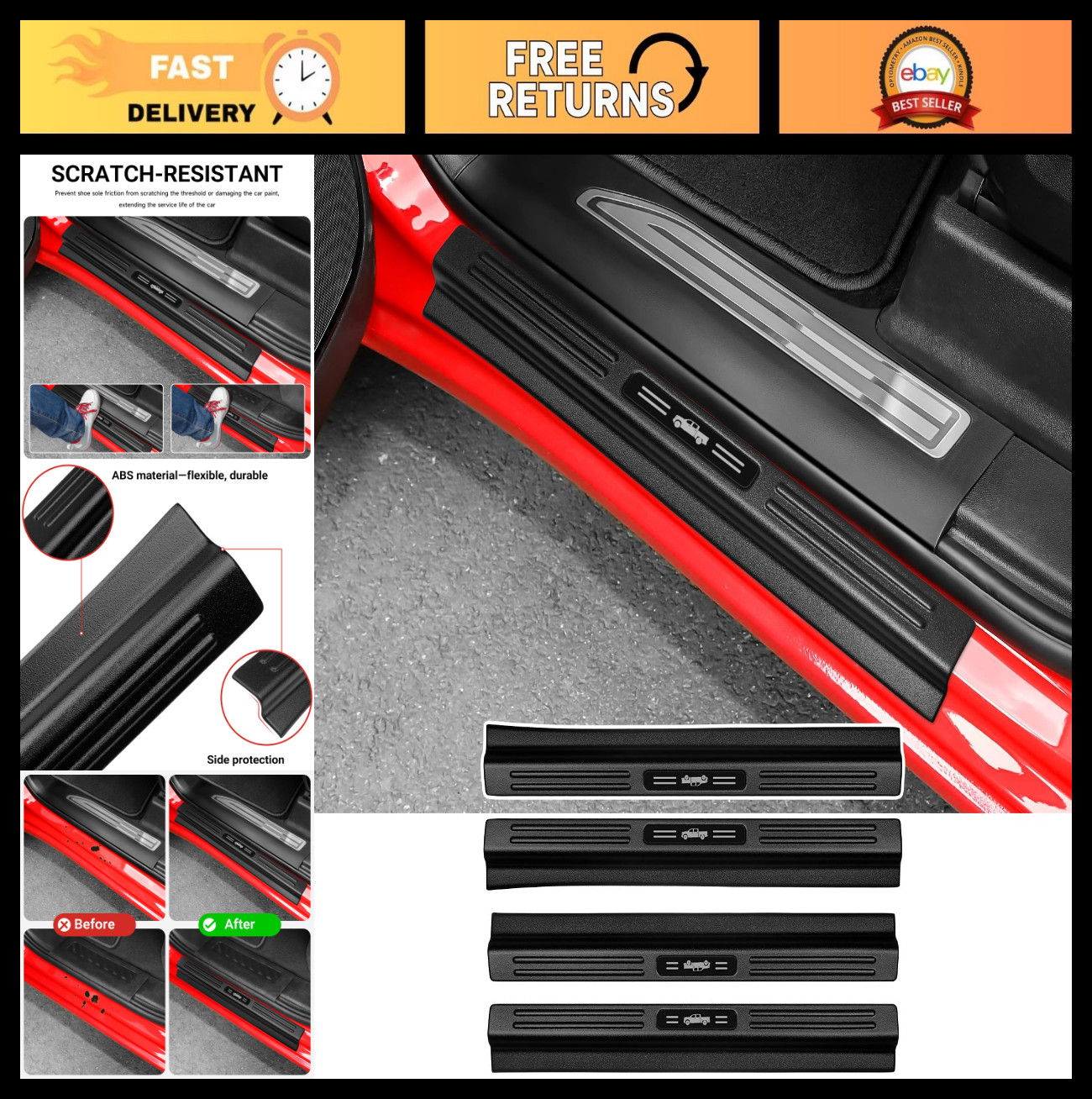 4PCS Door Sill Protector for Chevy Silverado GMC Sierra 1500, ABS Guard Accessor