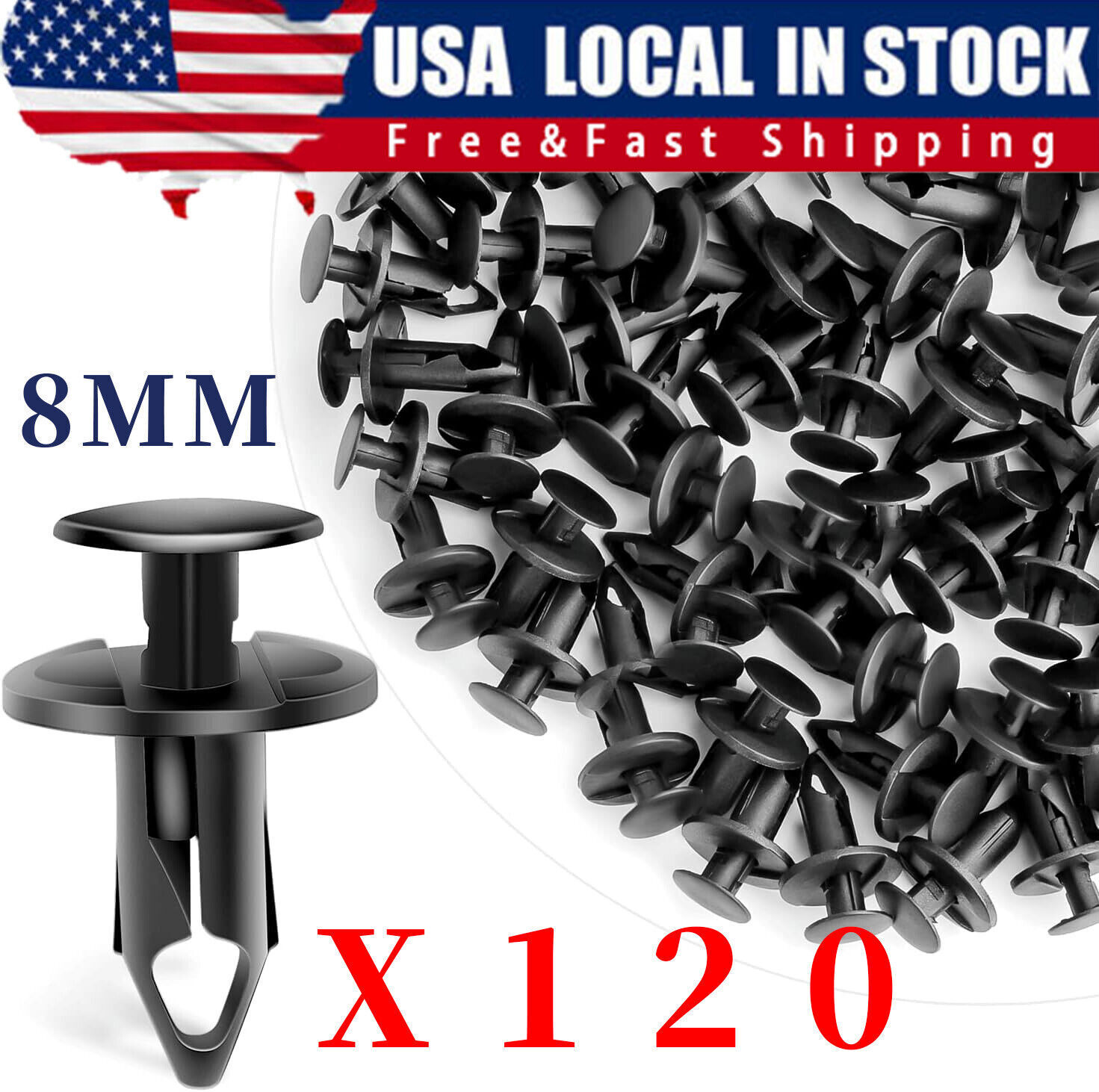 120PCS 8mm Bumper Clips Retainer Auto Car Plastic Rivets Fastener Fender Push