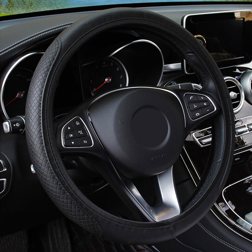 Black Leather Car Steering Wheel Cover Breathable Anti-slip Car Accessories