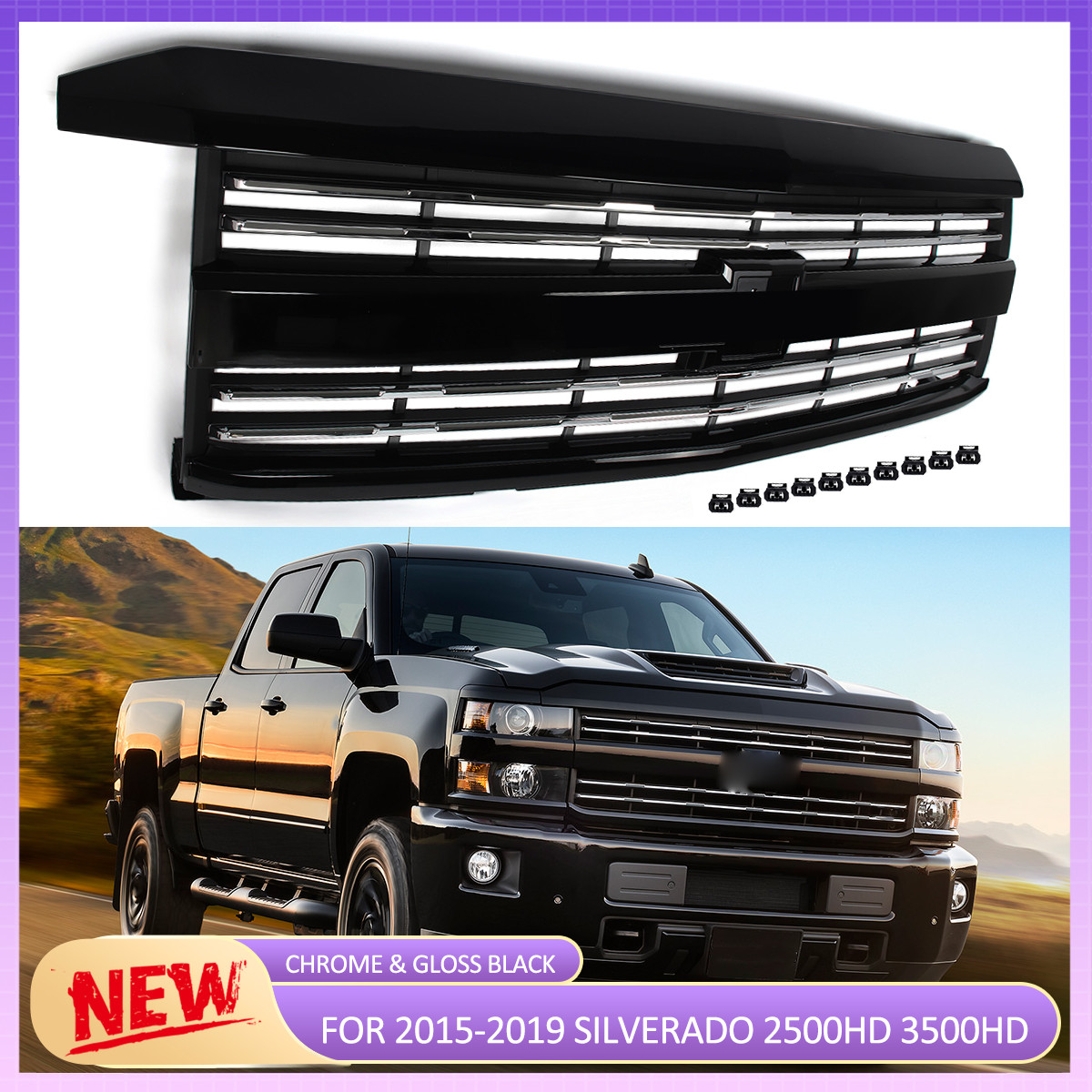 Black Upper Grille Chrome Bar For 2015-2019 Silverado 2500 HD 3500 HD 23335302