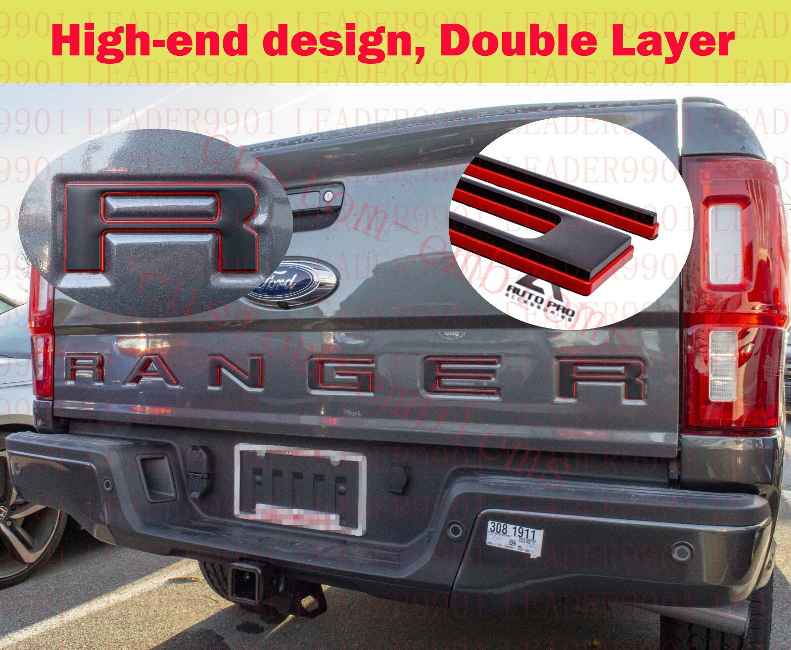 Double Layer Tailgate Insert Letters fits 2019-2021 Ford Ranger (Black Red)