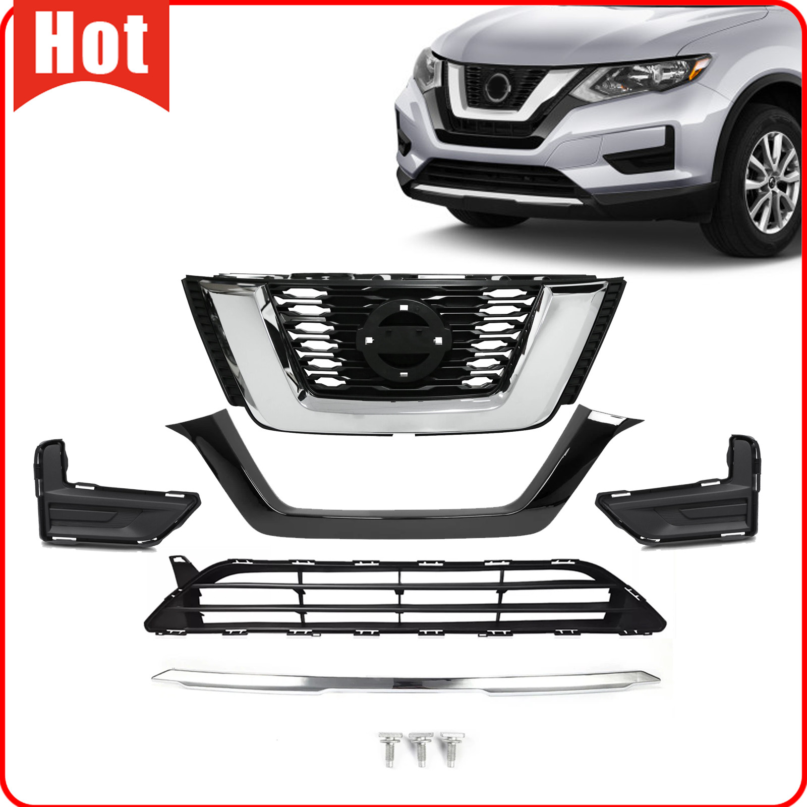 For 2017-2020 Nissan Rogue Front Bumper Grille +Trim Molding + Fog Light Cover
