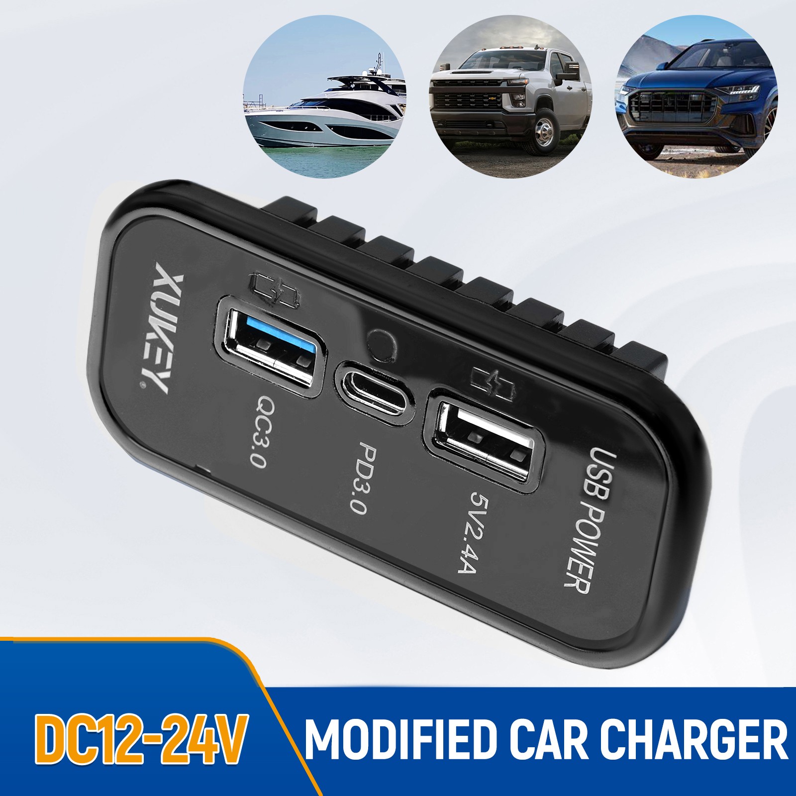 12V-24V PD + QC3.0 Dual USB Car Fast Charger Power Socket Outlet Cars RV Boat