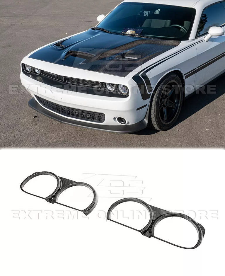 Fits 15-23 Dodge Challenger Front Headlight Real Carbon Fiber Overlay Trim Cover