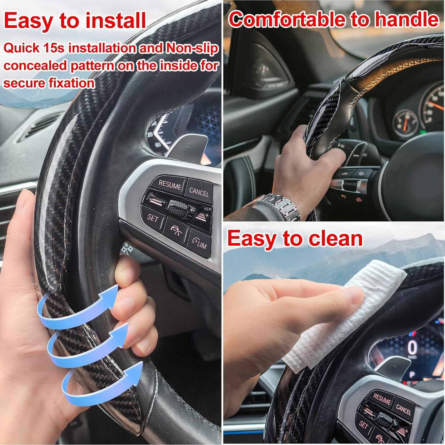 15″ Car Carbon Fiber Steering Wheel Cover Non-slip Protector For Mercedes Benz