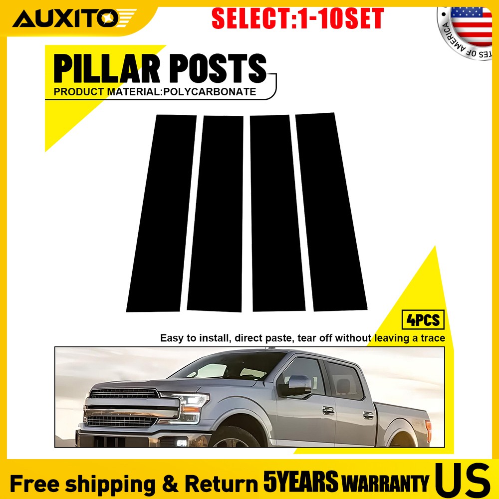 PC Gloss Black Window B Pillar Covers For Ford F150 SuperCrew 2015-2021 4-40X