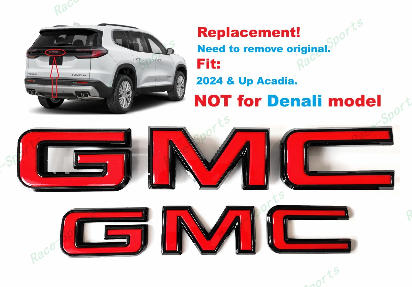 Replacement Front Grille Rear Tailgate Black Red GMC Emblem Badge 2024+ Acadia