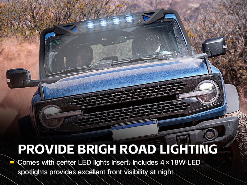 Front Windshield Frame Cover For 2021-2026 Ford Bronco 2/4 Doors W/ LED lights
