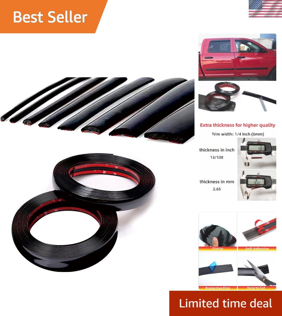 16ft Glossy Black Auto Molding Trim – Self-Adhesive & Universal Fit (1/4 inch)