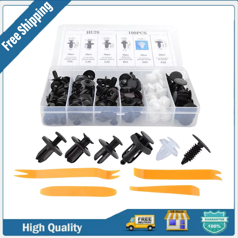 100pc + 4Tool Bumper Clips Auto Car Hole Plastic Rivets Fastener Fender Push Pin
