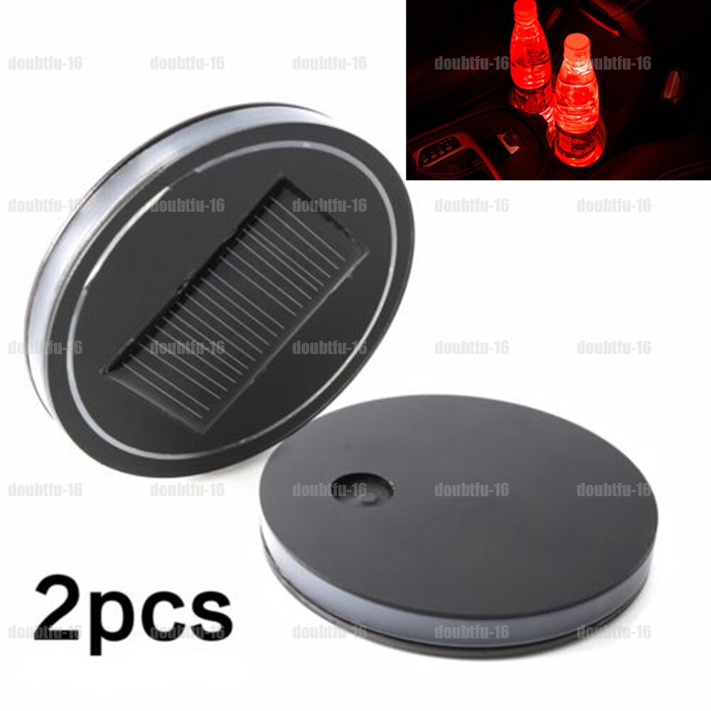 2x Red LED Solar Cup Pad Car Interior Parts Cover Decoration Lights Accessories
