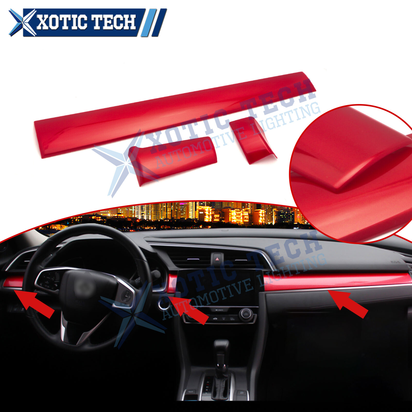 Red ABS Sport Style Dashboard Center Moulding Trims For Civic 10th 2016-2021