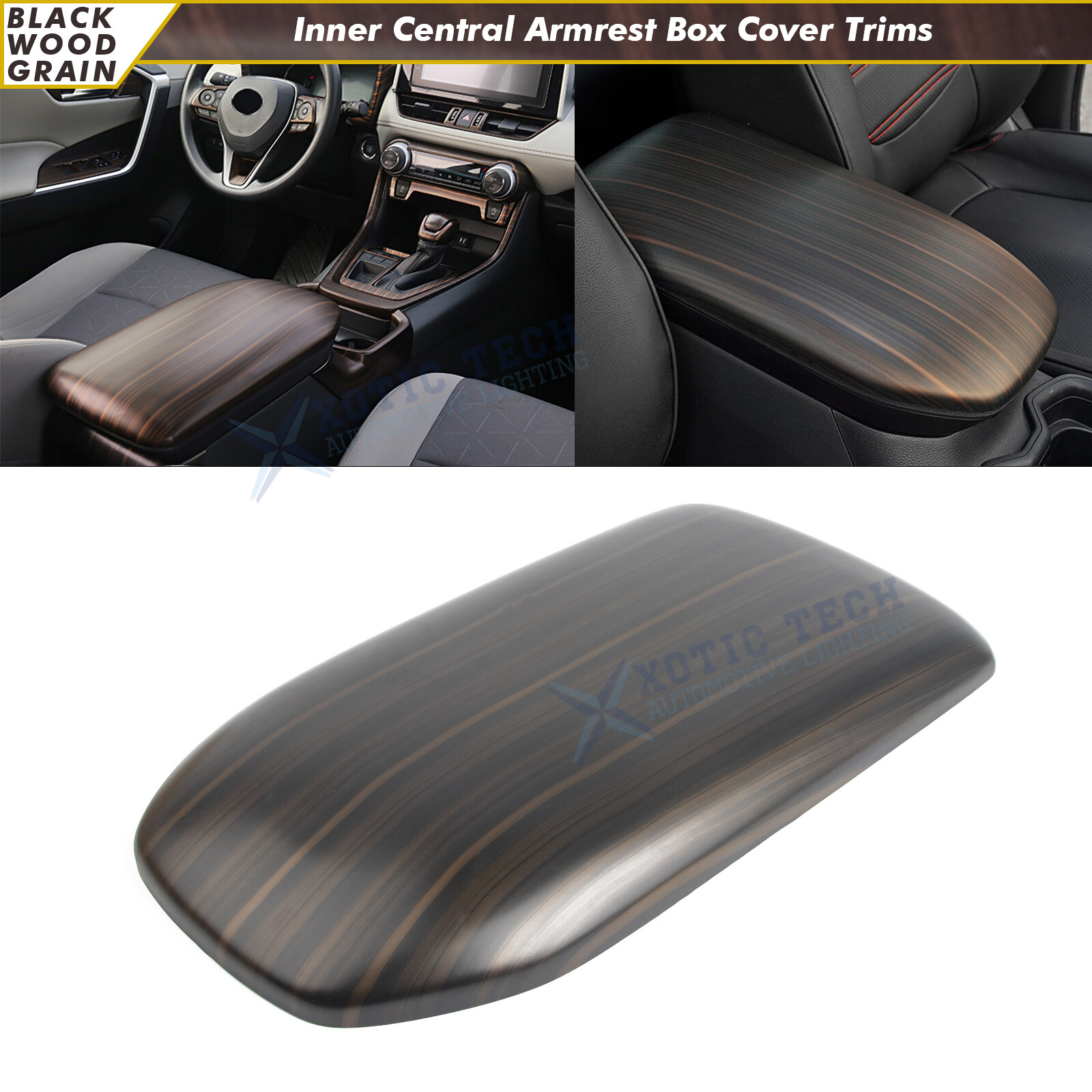 Black Wood Grain Center Armrest Box Cover Trim Overlay For Toyota RAV4 2019-2023
