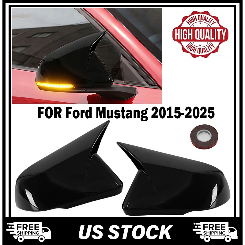 GLOSS BLACK SIDE MIRROR COVERS Cap FOR 2015-22 FORD MUSTANG WITH LED SIGNAL GT.