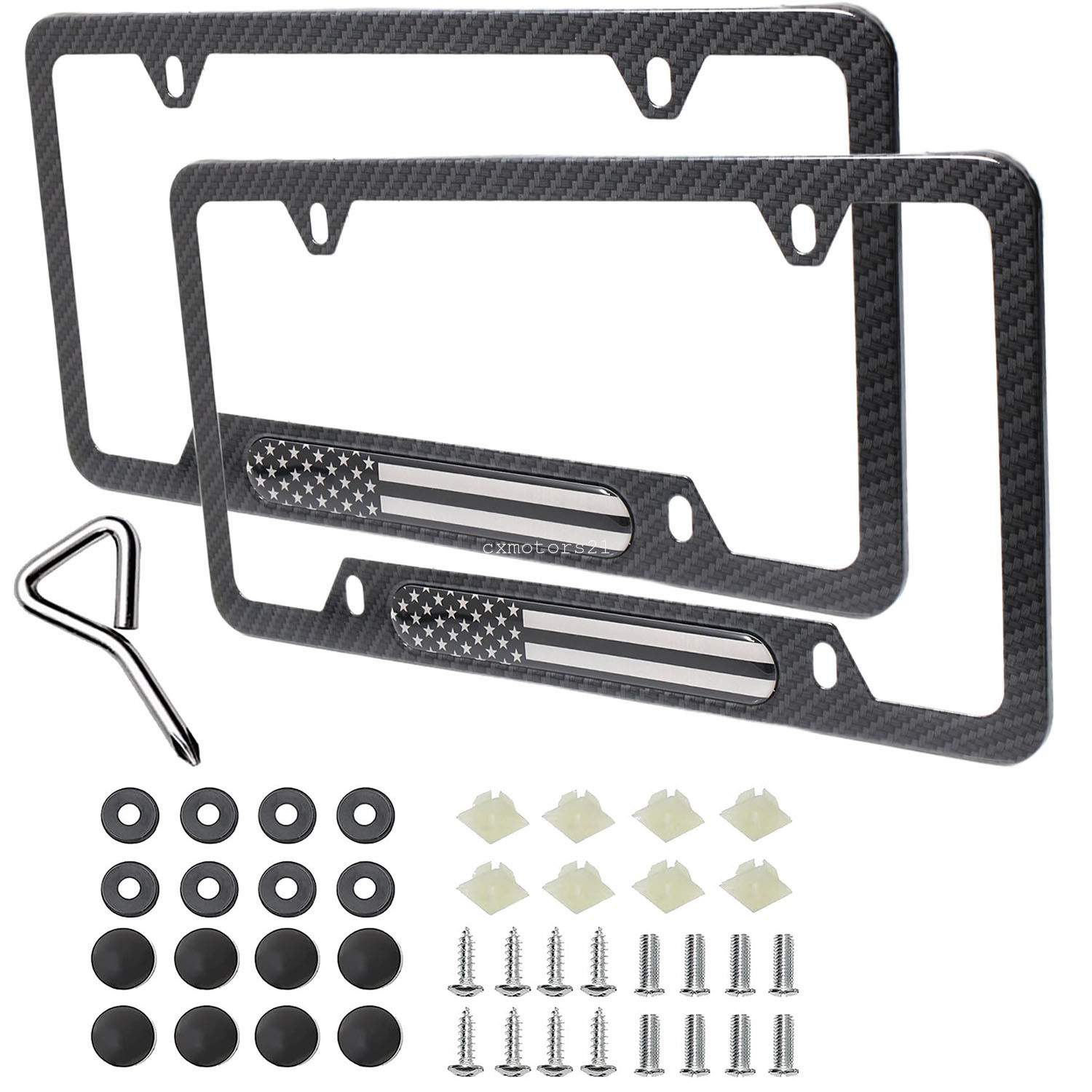 Carbon Fiber License Plate Frame Holder Cover Aluminum Alloy with US flag 2PCS