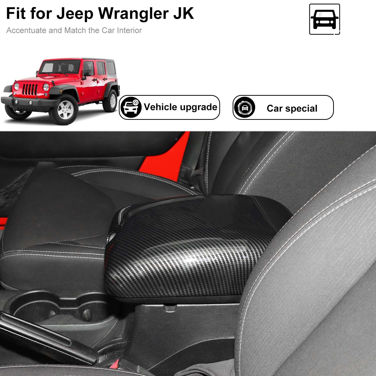 Center Console Armrest Box Pad Cover Trim For Jeep Wrangler JK 11-18Carbon Fiber