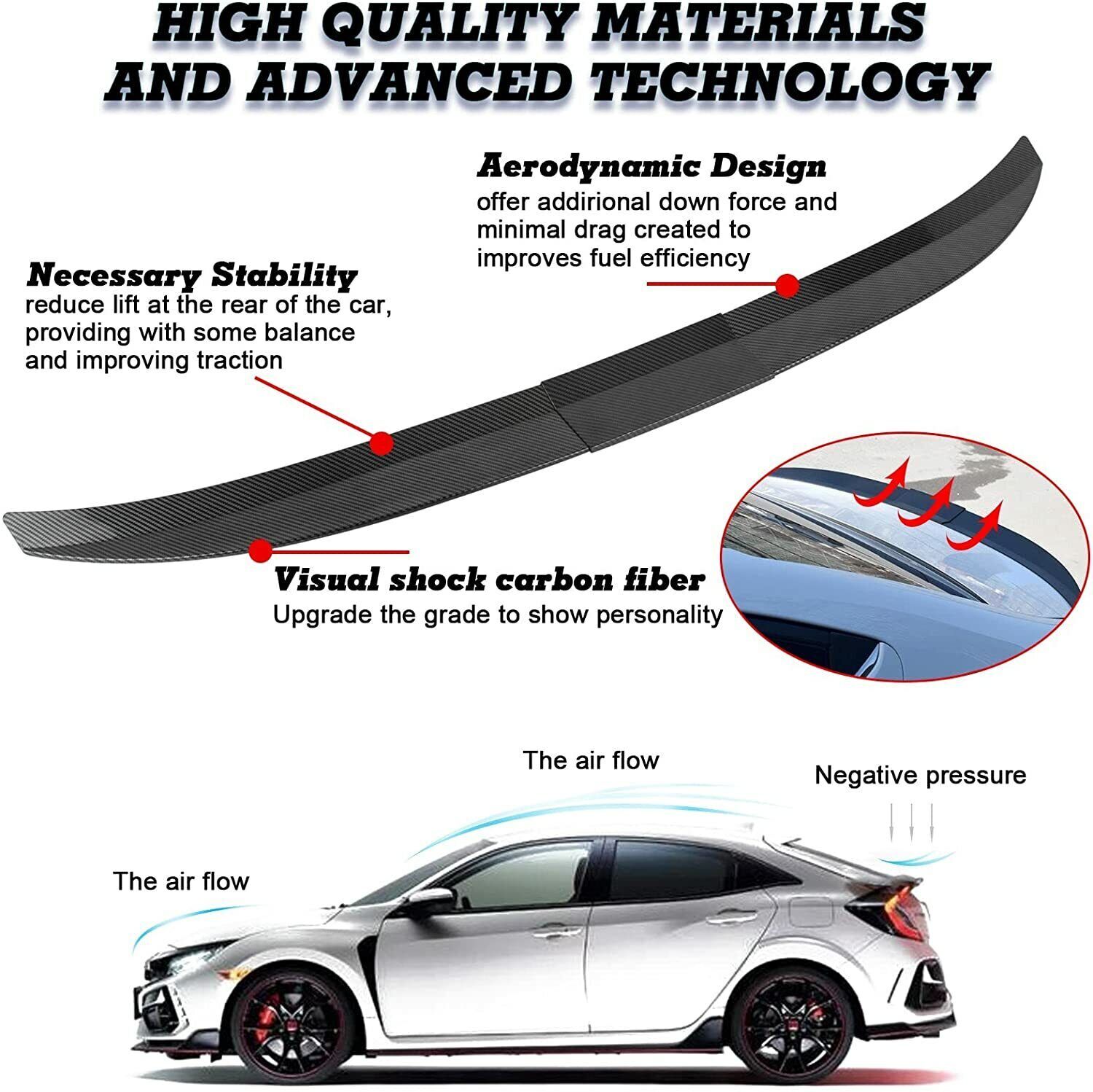 Carbon Fiber Adjustable Rear Trunk Spoiler Lip Roof Tail Wing For Car Sedan