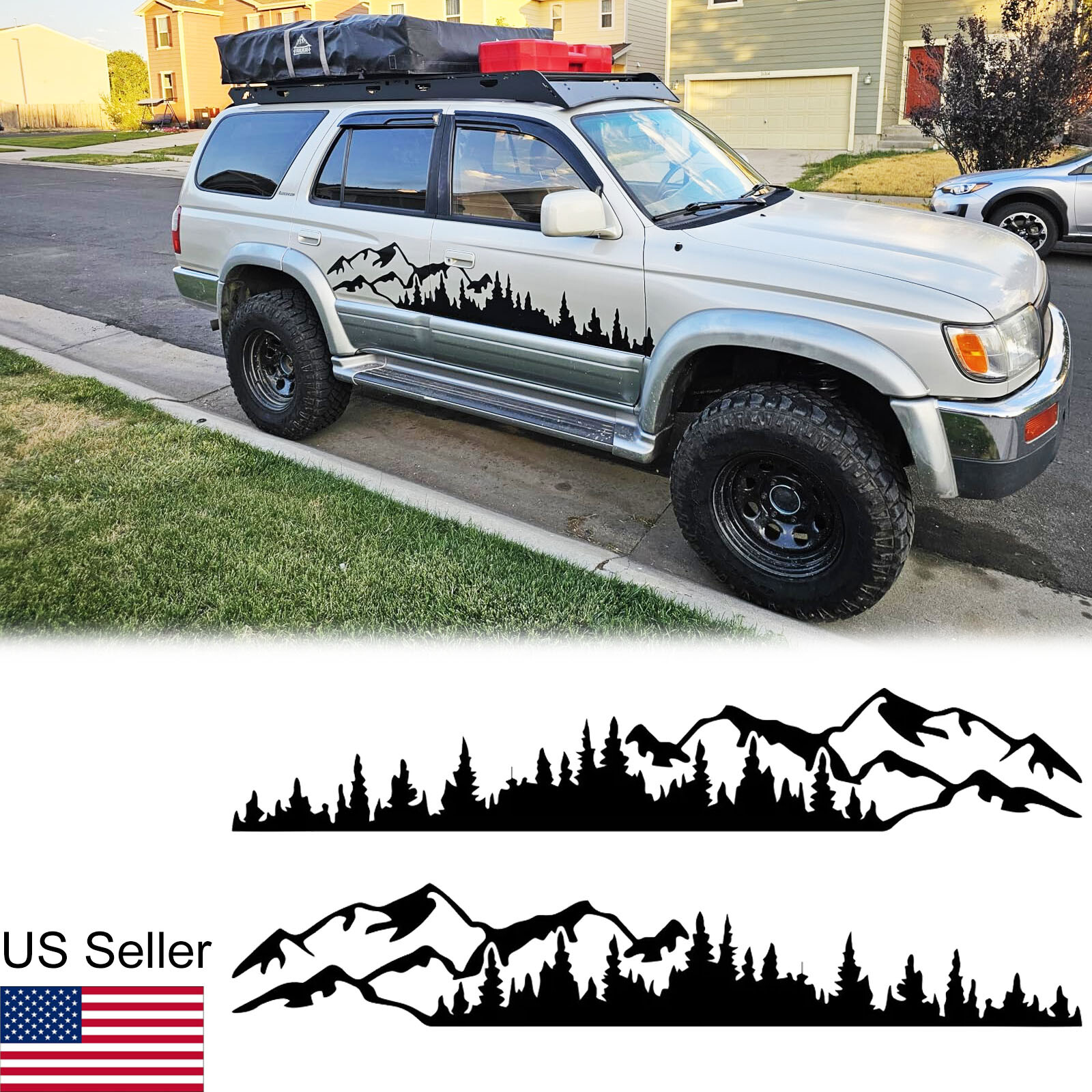 2Pcs 75” Black Side Body Door Mountain Tree Forest Graphic Stickers Vinyl Decal