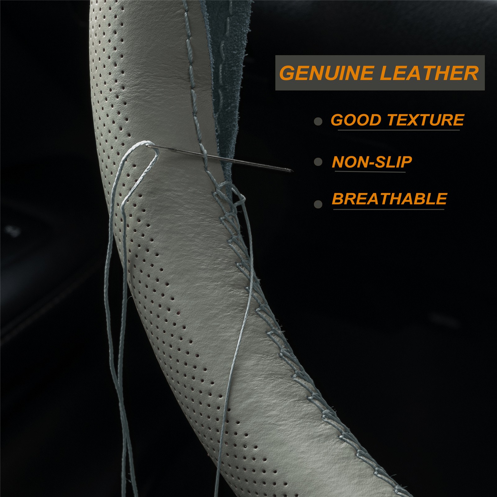 15” Genuine Leather DIY Car Steering Wheel Cover Breathable Anti-slip Gray