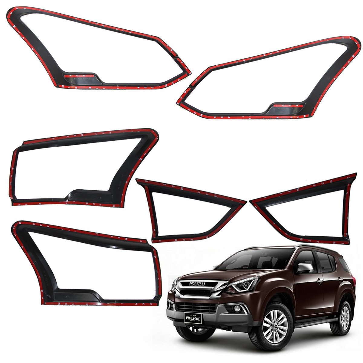 Head and Tail Lamp Cover Trim Set Black 6 Pc Fits Isuzu Mu-X Suv 2017 – 2018