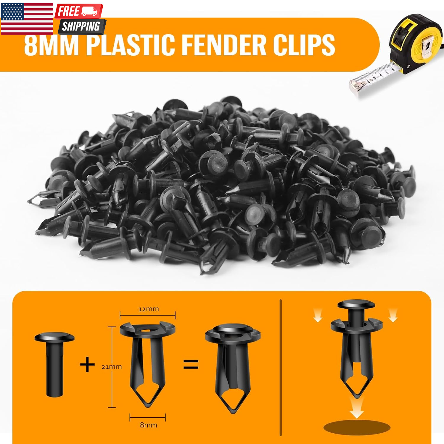 200PCS Nylon Bumper Fastener Clips 8mm Push Type Rivets Retainer Trim Panel Fend