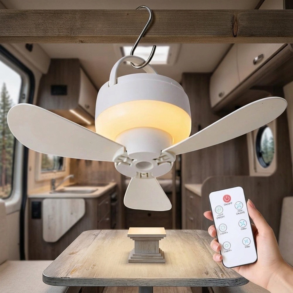 Lightweight Camping Ceiling Fan with LED Light USB Rechargeable for RV Tent