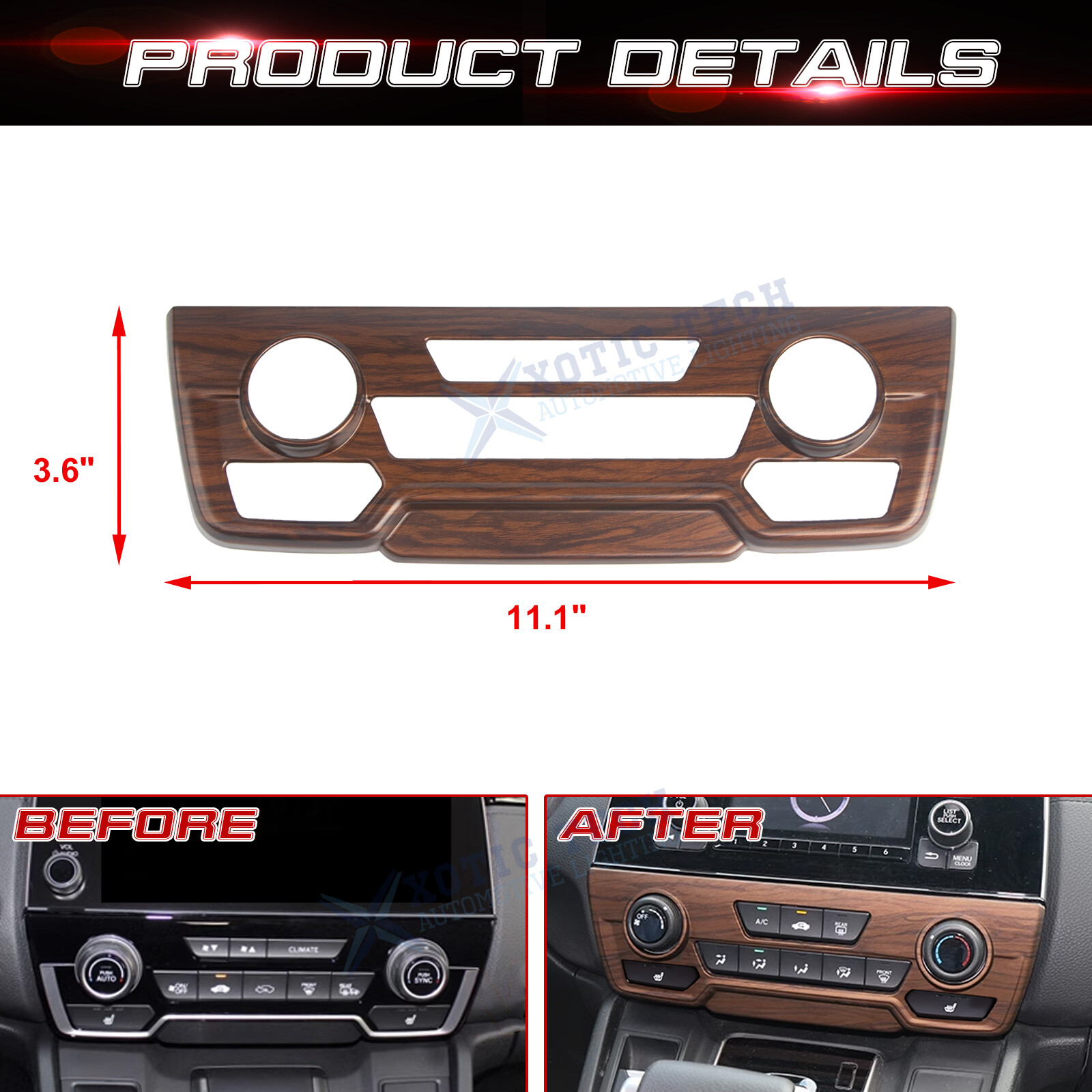 Peach Wood Pattern Gear Shift+AC Control Panel Decor Trim For Honda CR-V 2017-22