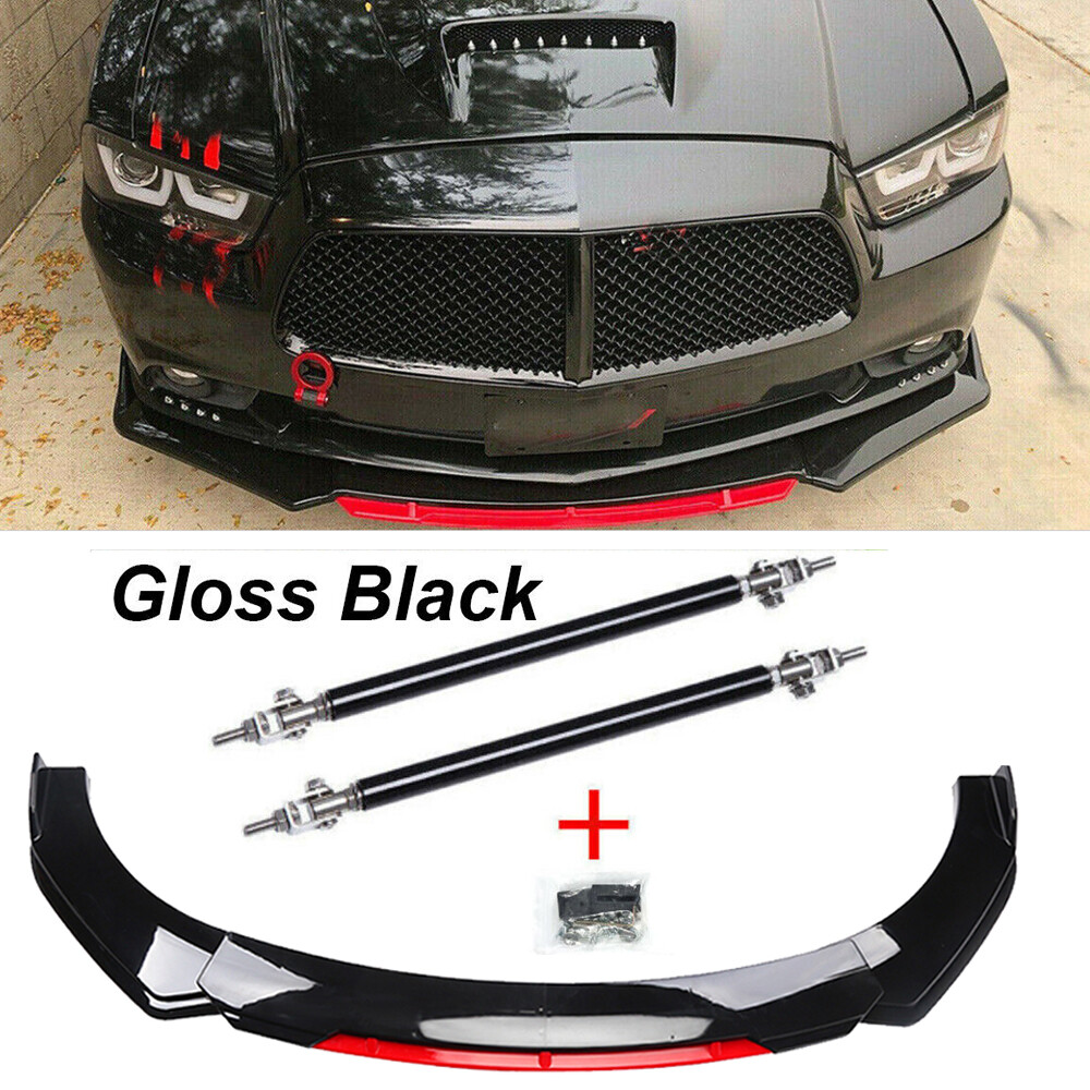 For Dodge Charger 2006-2014 Glossy Black Front Bumper Lip Splitter + Stut Rods
