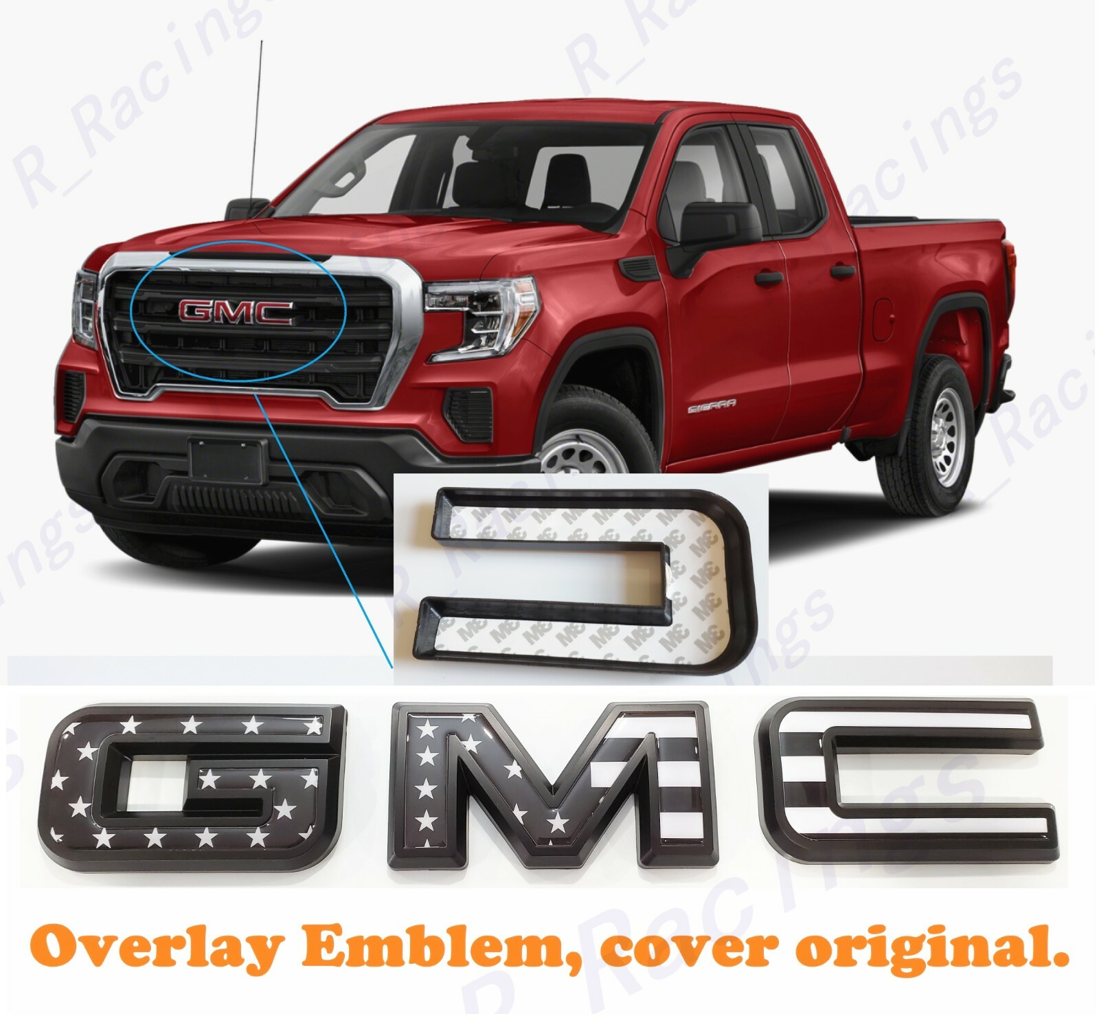 Front Only Black USA Flag Emblem Overlay 2019-2023 GMC Sierra 1500 2500HD 3500HD