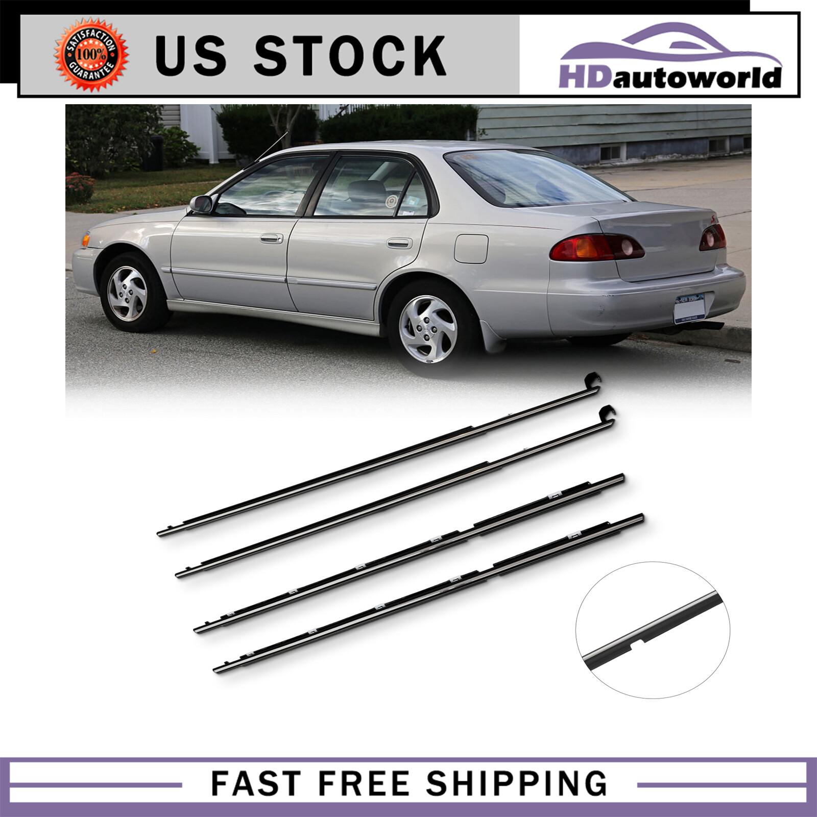 For 1995-2002 Toyota Corolla Weatherstrip Window Moulding Trim Seal Belt 4pc