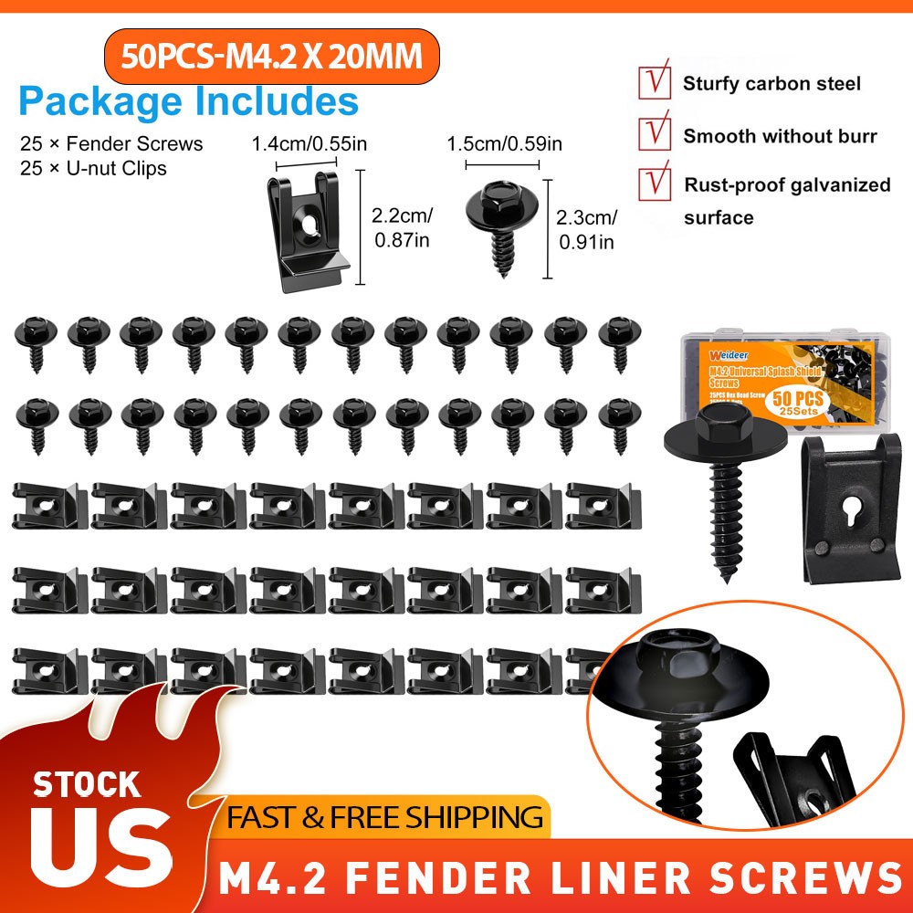 50PCS Universal M4.2 Fender Liner Screws U-Nut Clips Car Engine Splash Fasteners
