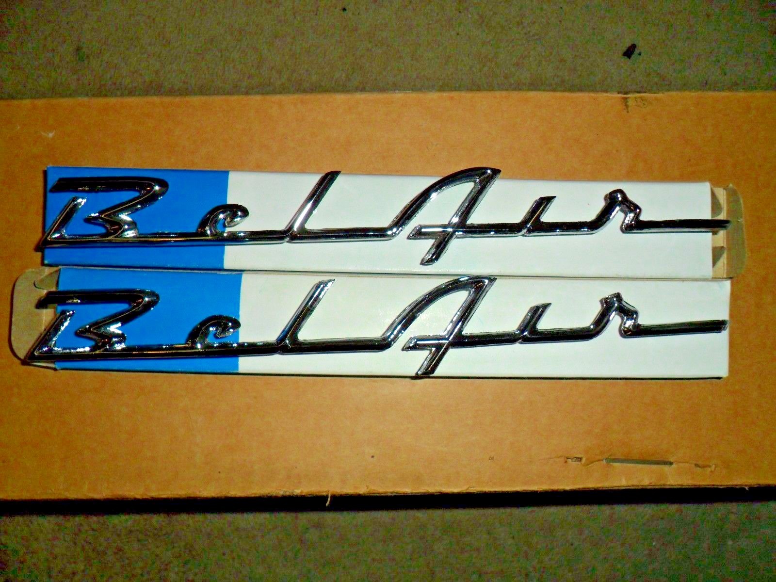 CHROME CHEVY BELAIR SCRIPT EMBLEMS – RIGHT & LEFT 5 PIN 10 1/5 INCH NEW