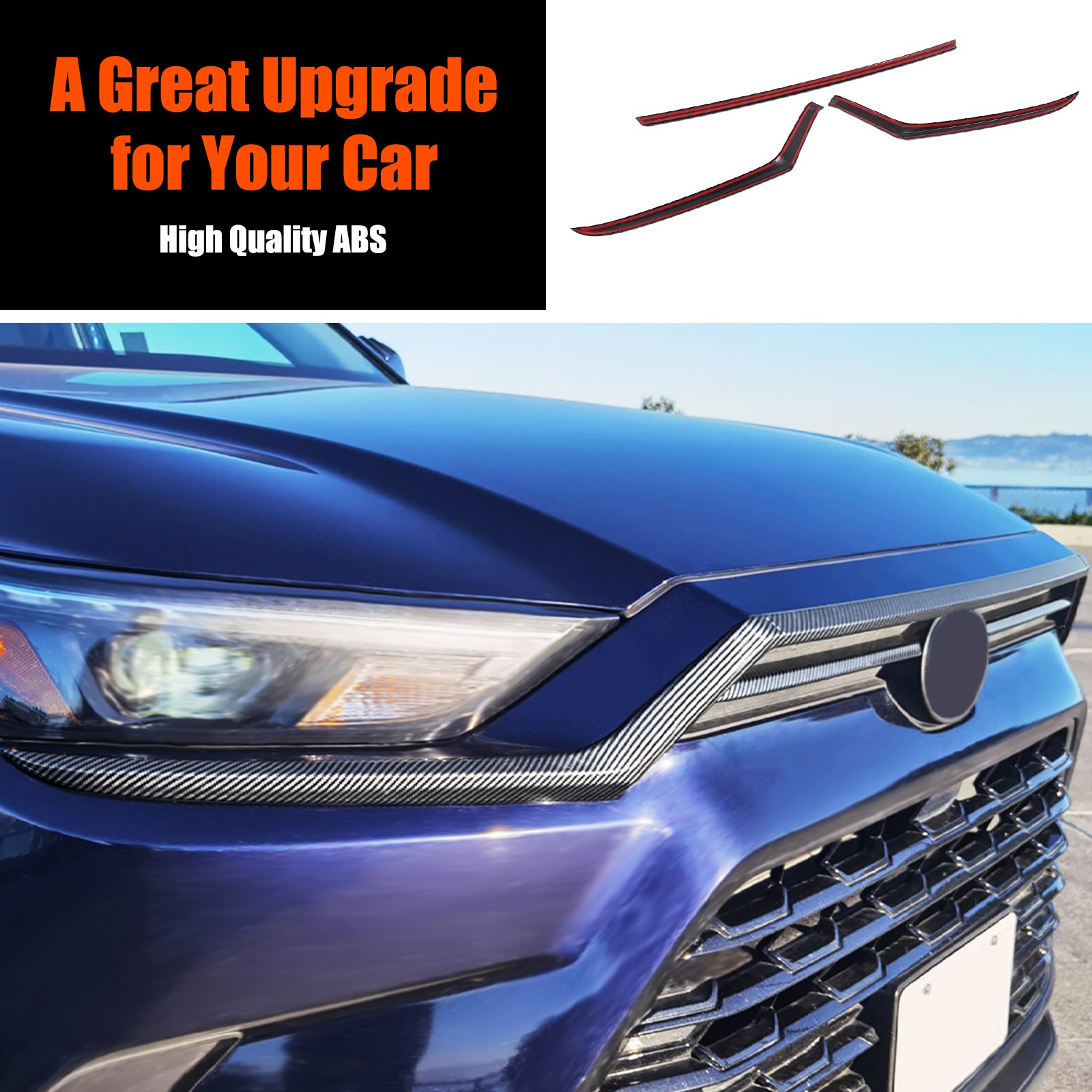 Front Hood Trim ABS Carbon Fiber Texture 3Pcs For Toyota Grand Highlander 2024+