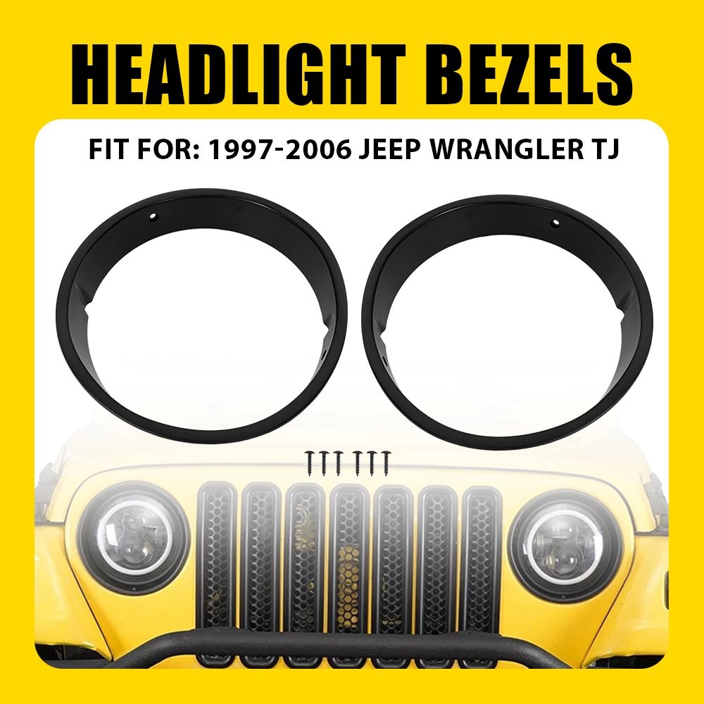 Pair New Black Headlight Bezels For Insert Cover Trim 1997-2006 Wrangler Jeep TJ