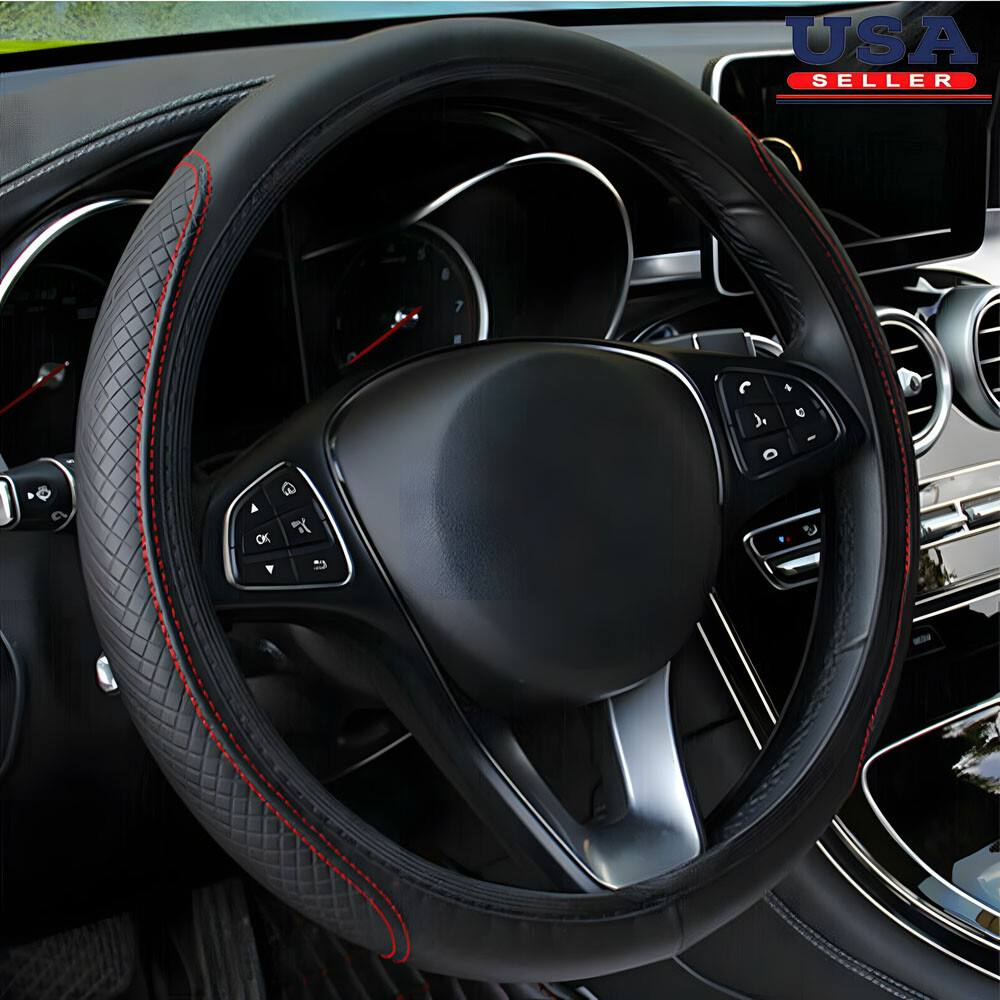 PU Leather Car Steering Wheel Cover Black-Red for Good Grip Auto Accessories 15″