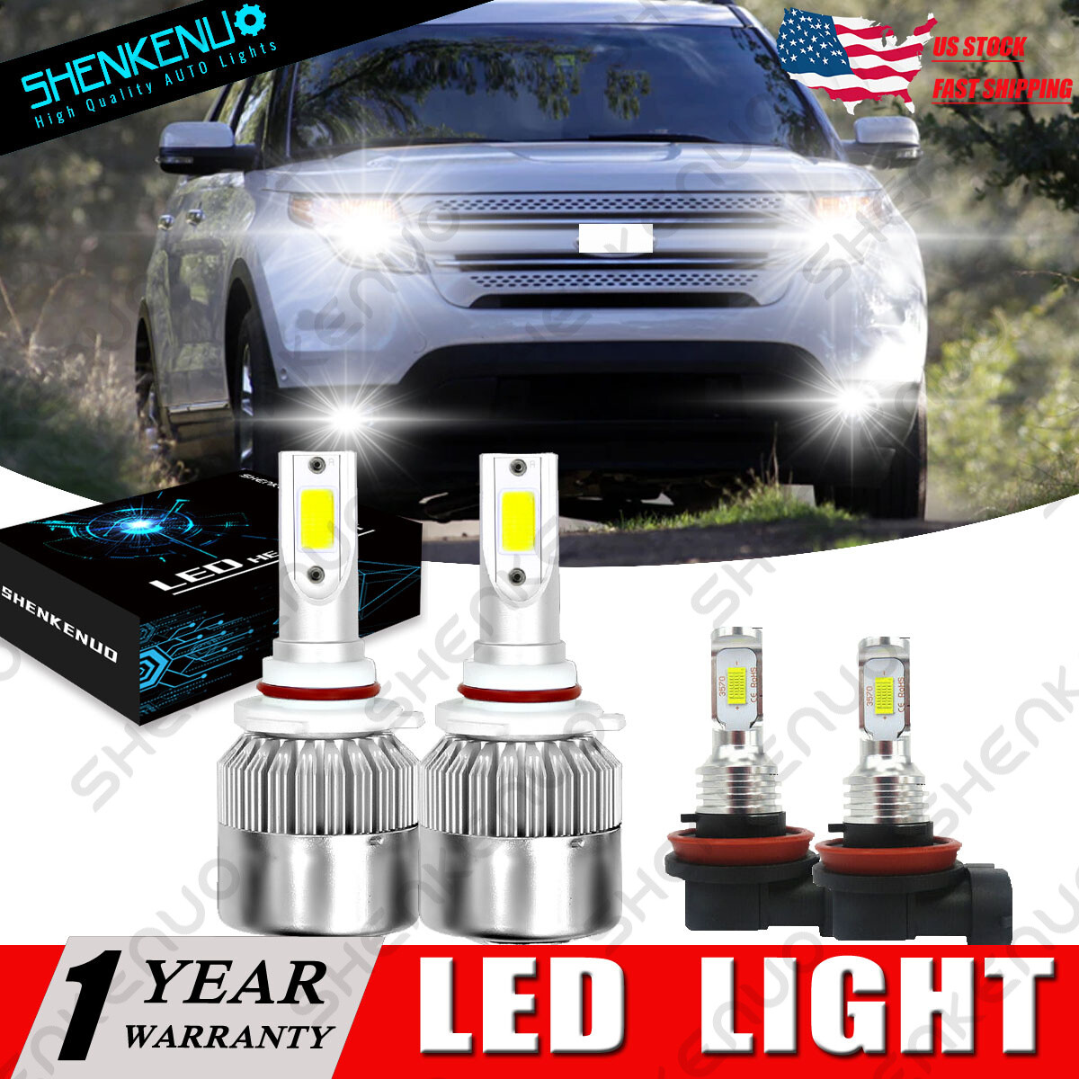 For Ford Explorer 2011-2015 -4PC Combo LED Headlight Fog lamp Bulbs Kit White