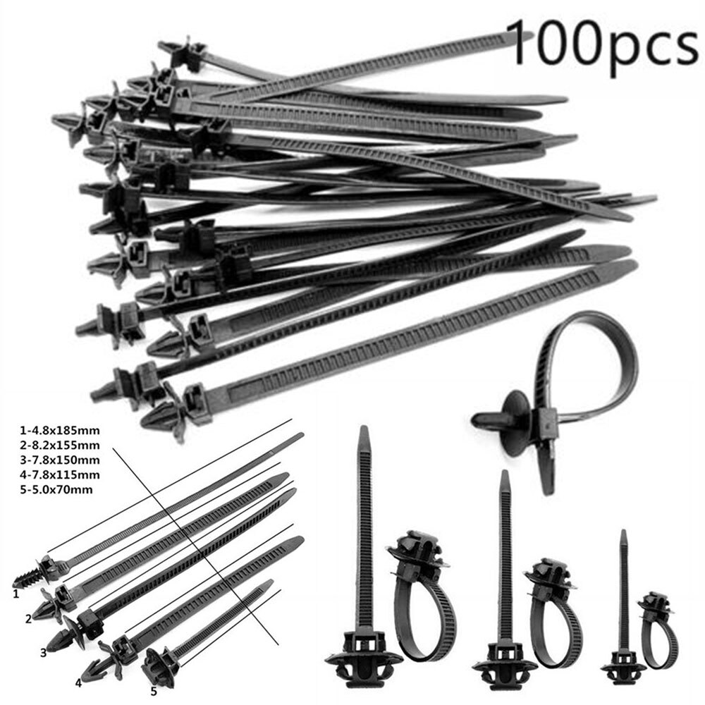 100PCS Car Line Cable-Ties Zip Wrap Push Rivet Clip Wiring Loom Harness Fastener