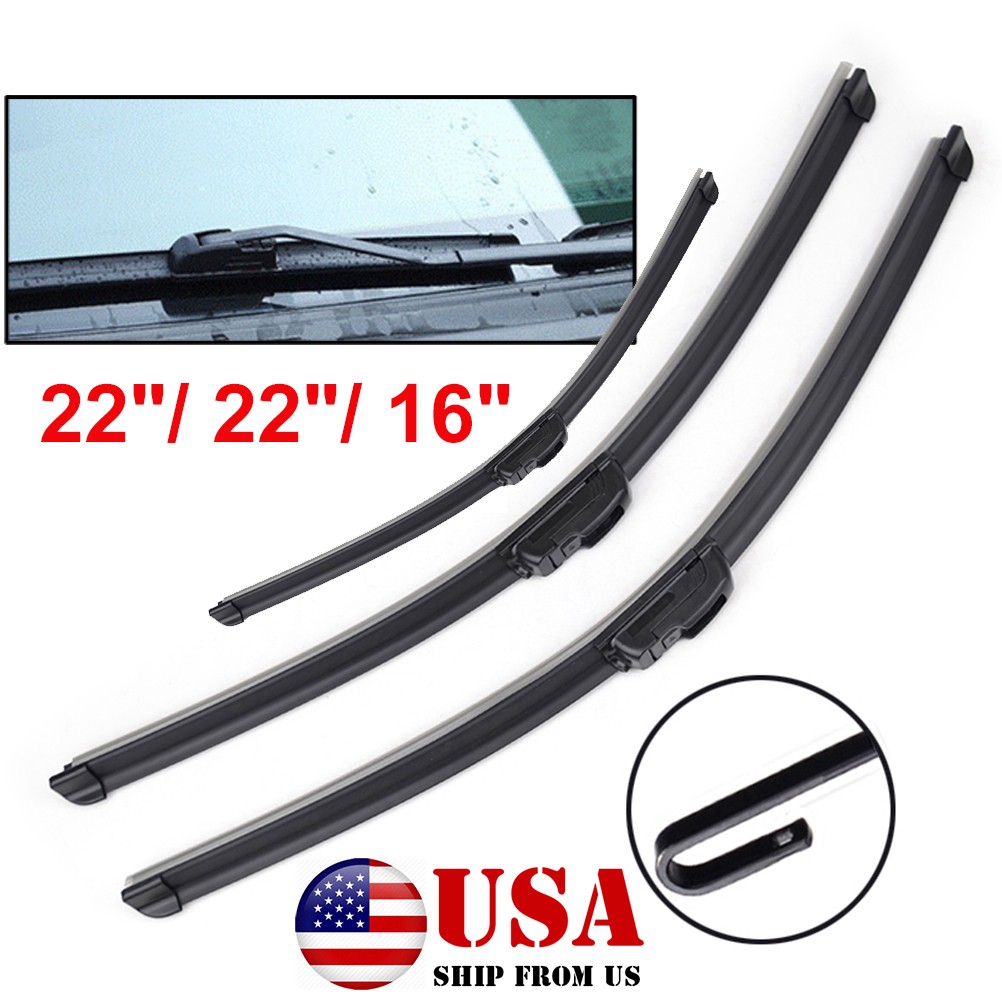 Wipers 3 pack Front Rear Standard Flat Window Windshield Wipers 22″22″16″ Hooks