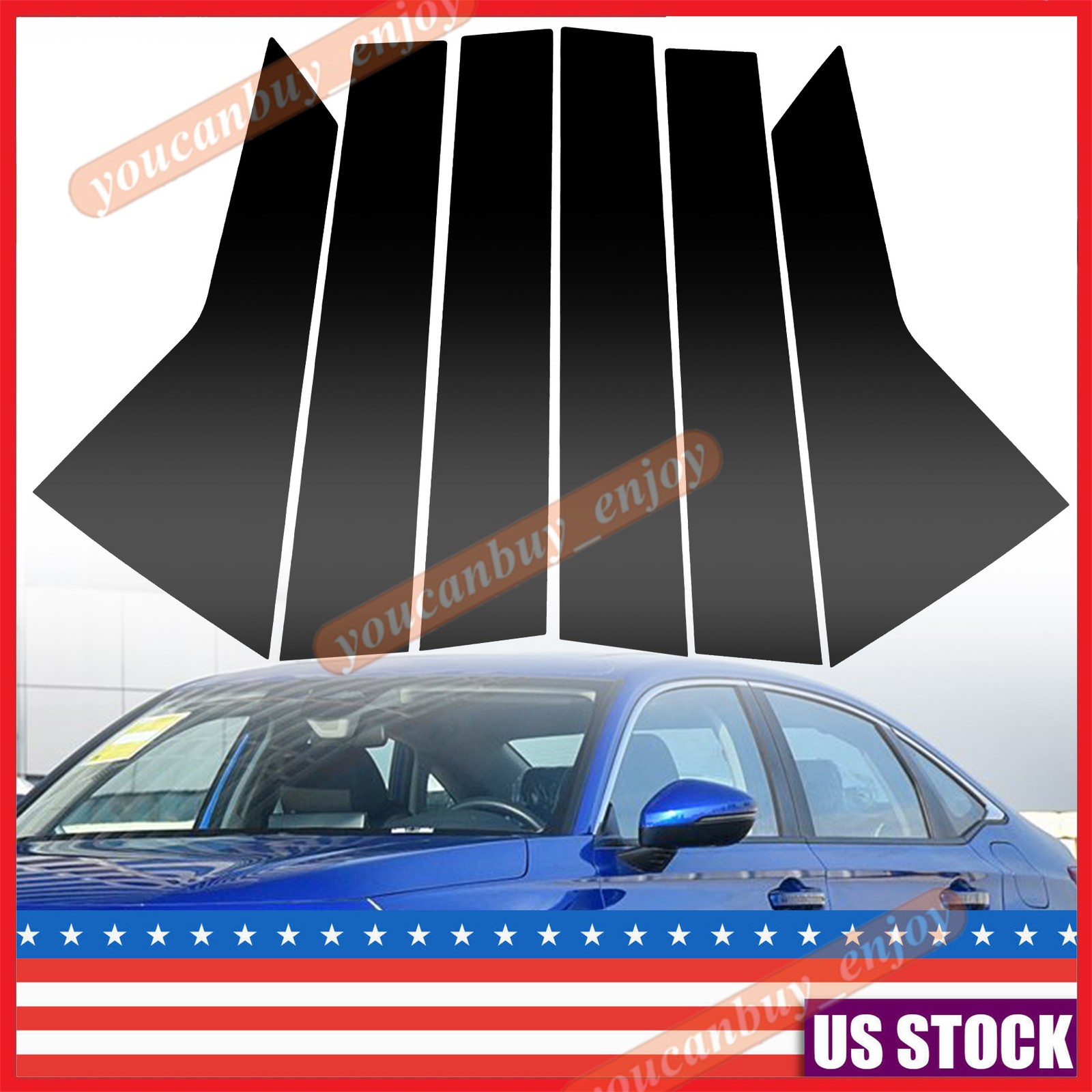 6pcs Pillar Post Door Trim Window Cover Black For Honda Civic Sedan 2022-2025 US