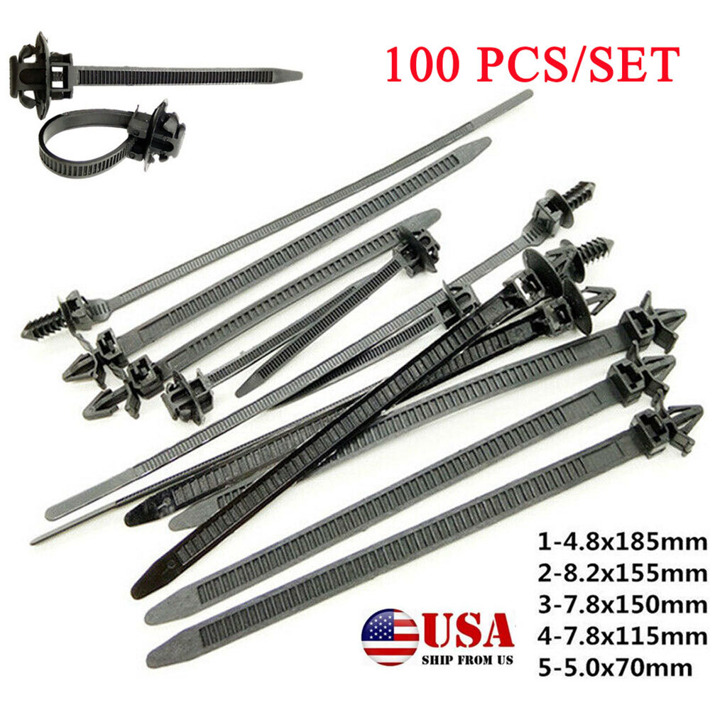 100PCS Car Line Cable-Ties Zip Wrap Push Rivet Clip Wiring Loom Harness Fastener