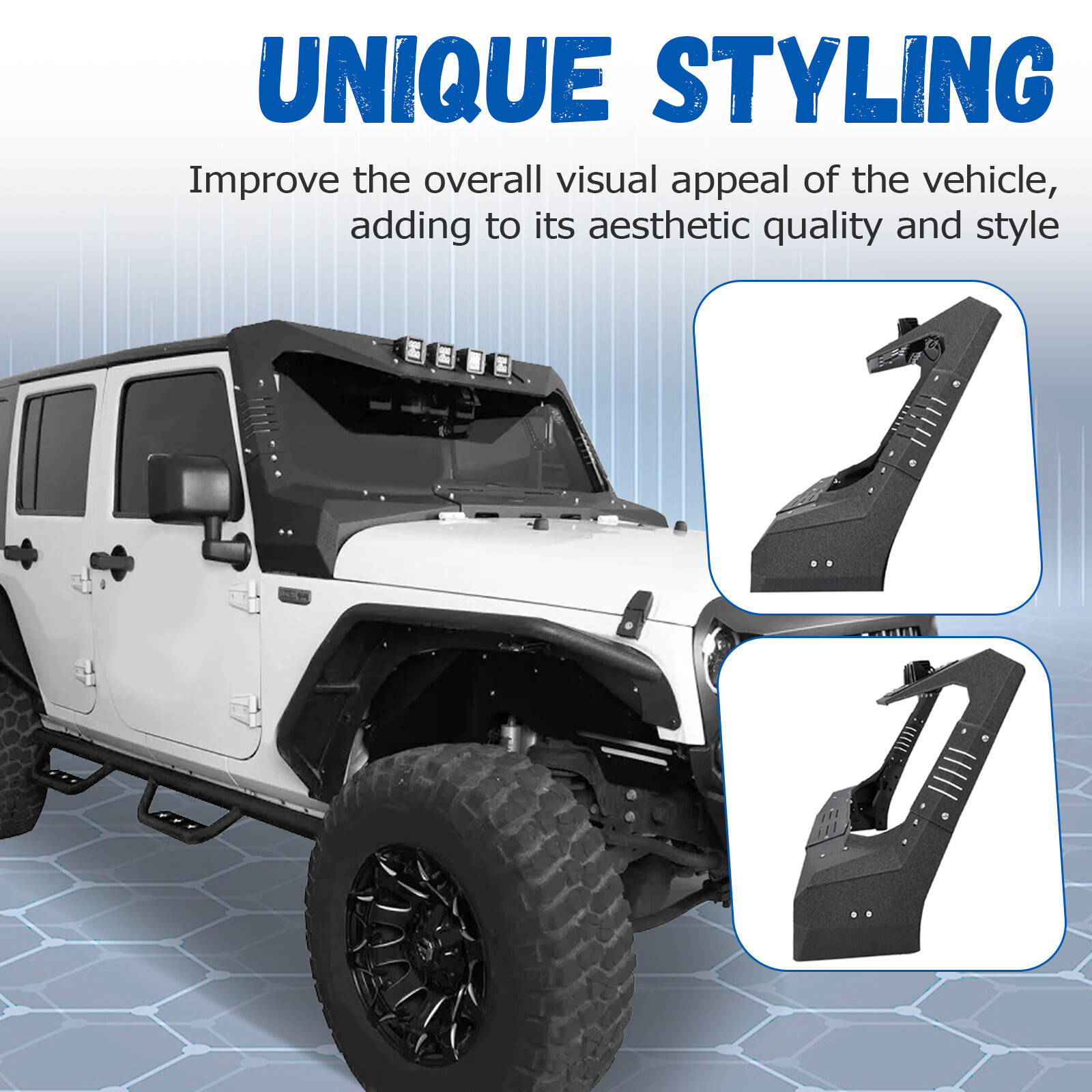 For Jeep Wrangler JK 07-18 Armor Windshield Frame Cover Visor Cowl w/ LED Lights