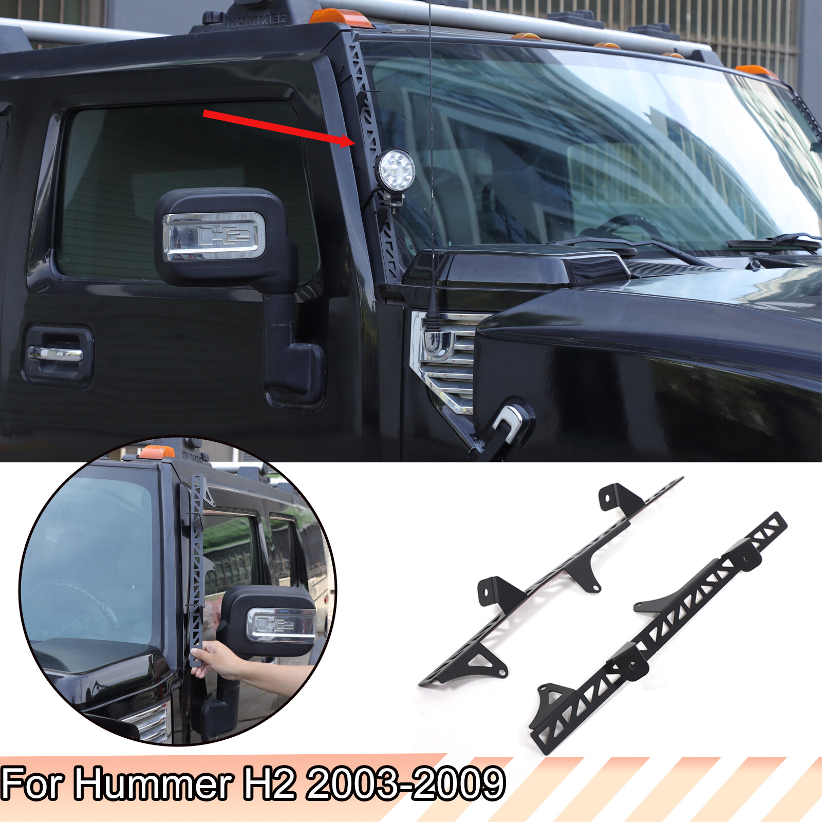 Black Steel A-Pillar LED Light Bar Mount Bracket For Hummer H2 2003-2009
