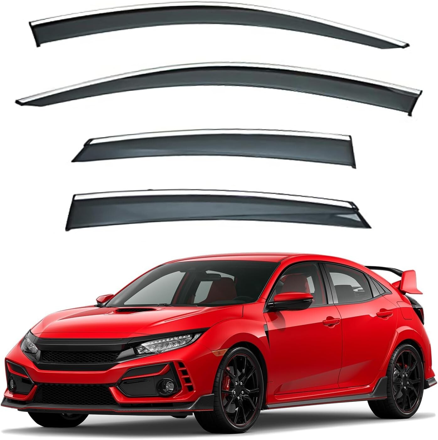 Window Visor Rain Guard Chrome Trim Smoke Tinted Fit Honda Civic Sedan 2016-2021