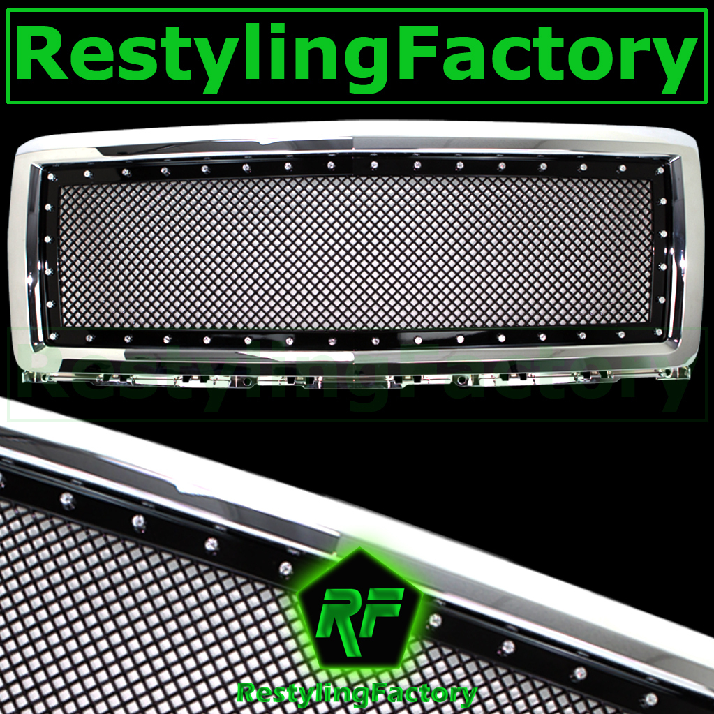 14-15 Chevy Silverado Chrome+Black Replacement Rivet Studded Mesh Grille Shell