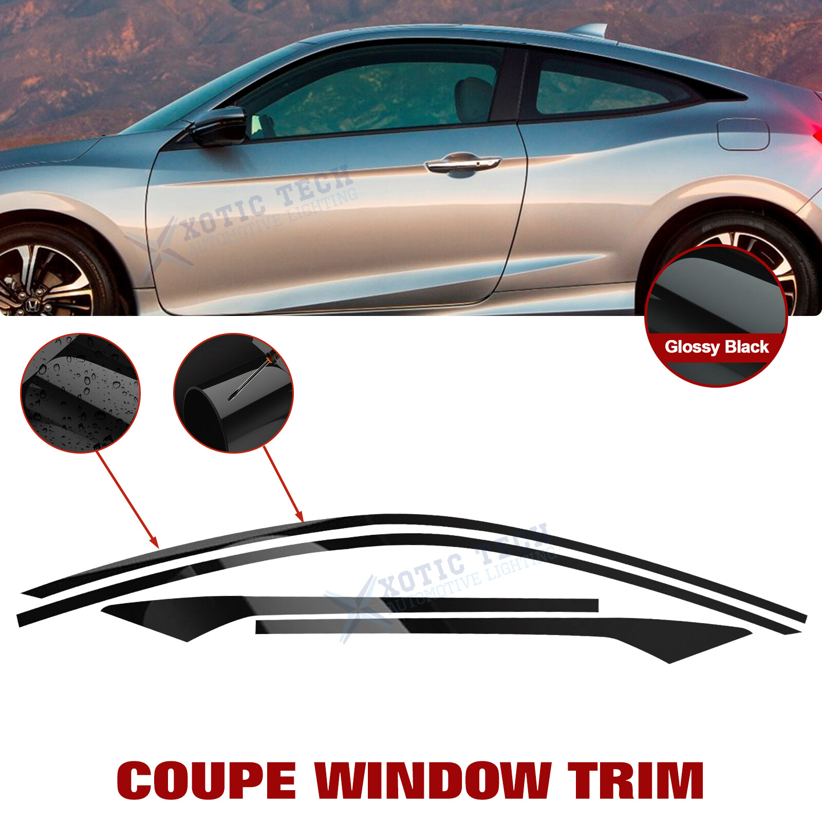Glossy Black Chrome Delete Side Door Window Trim For Honda Civic Coupe 10th Gen