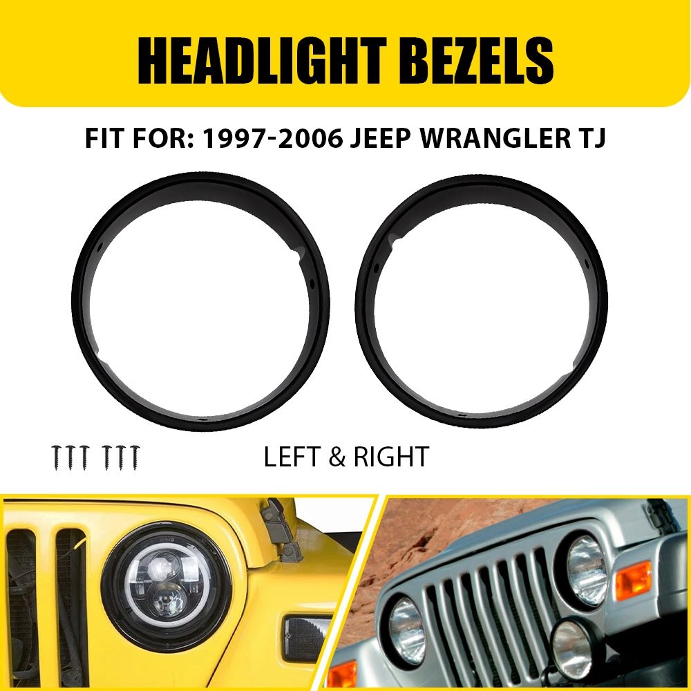 Pair New Black Headlight Bezels For Insert Cover Trim 1997-2006 Wrangler Jeep TJ