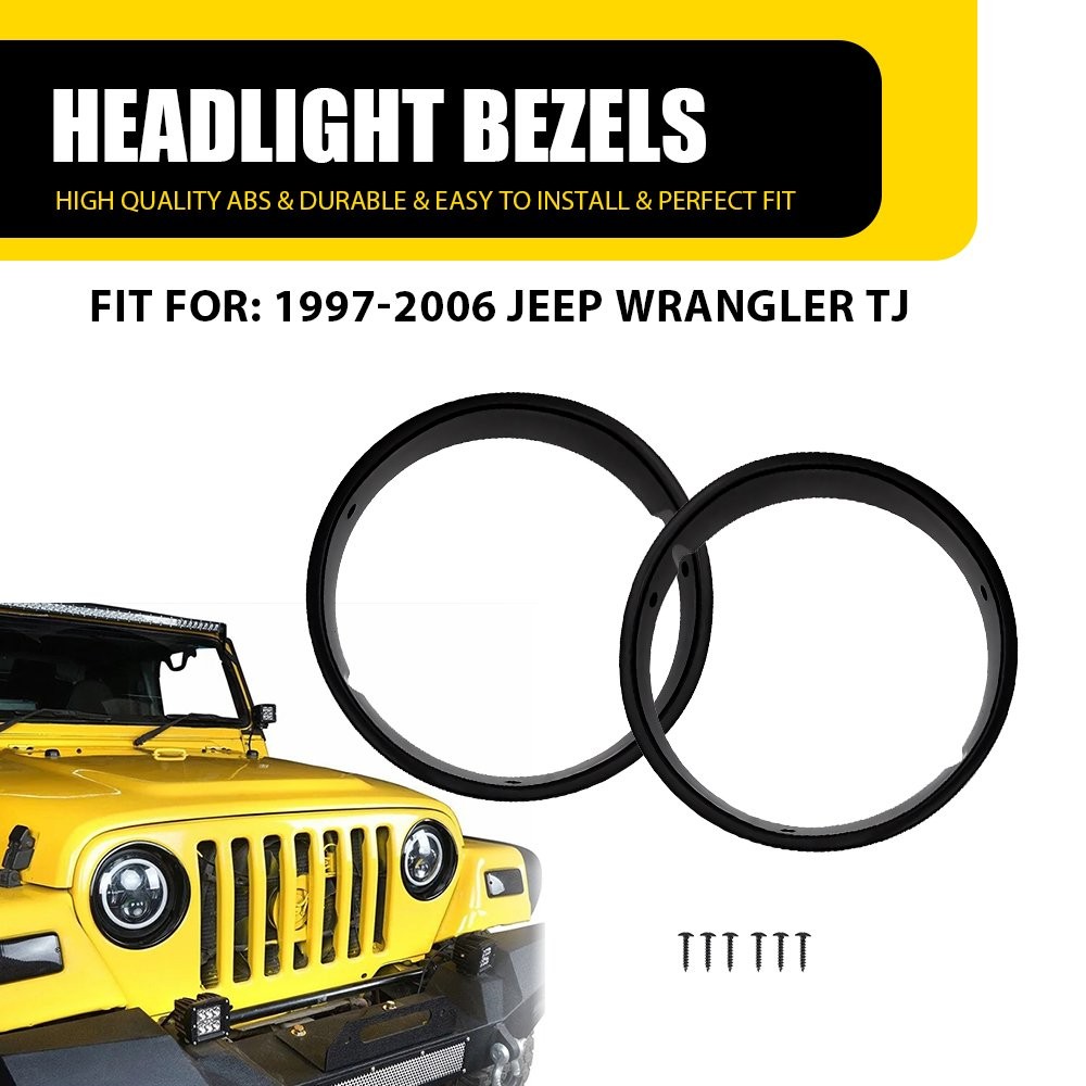 Pair New Black Headlight Bezels For Insert Cover Trim 1997-2006 Wrangler Jeep TJ